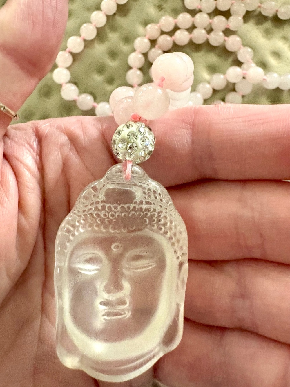 Vintage Rose Quartz Buddha Necklace Rock Crystal Pendant Hand Knotted 40” - Picture 6 of 15
